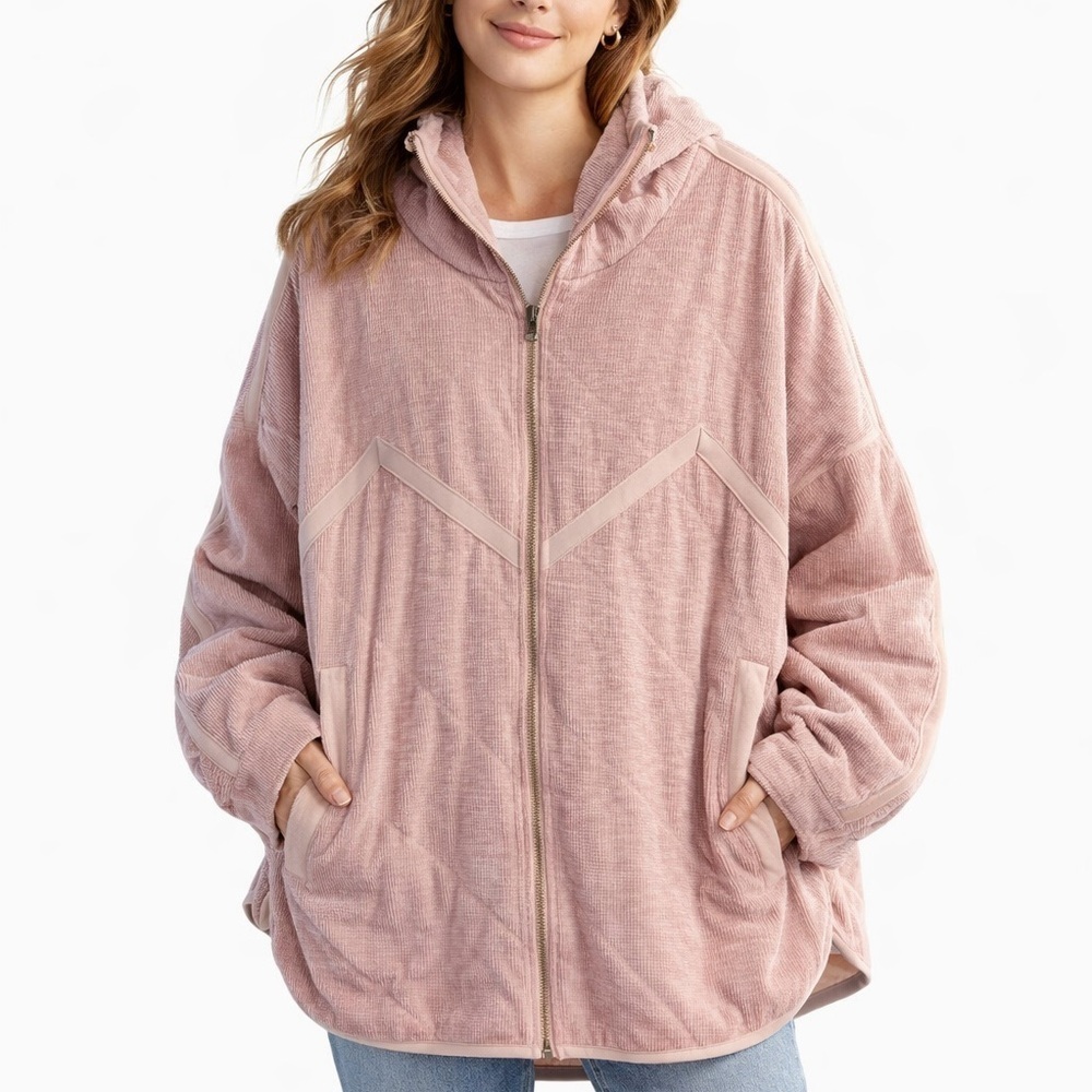 Anthropologie POL Quilted Oversized Full Zip Jacket Hooded Pink Soft Medium